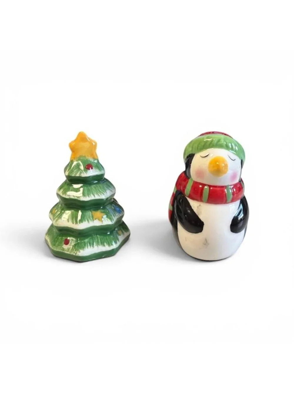 Vintage Christmas Tree & Penguin Ceramic Salt & Pepper Shakers Holiday Decor